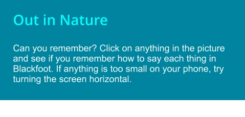 Out in Nature  Can you remember? Click on anything in the picture and see if you remember how to say each thing in Blackfoot. If anything is too small on your phone, try turning the screen horizontal.