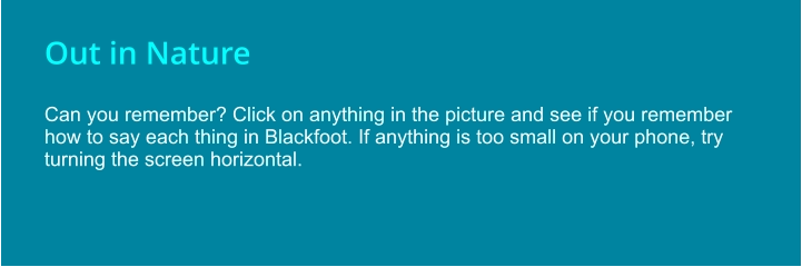 Out in Nature  Can you remember? Click on anything in the picture and see if you remember how to say each thing in Blackfoot. If anything is too small on your phone, try turning the screen horizontal.