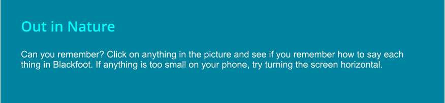 Out in Nature  Can you remember? Click on anything in the picture and see if you remember how to say each thing in Blackfoot. If anything is too small on your phone, try turning the screen horizontal.
